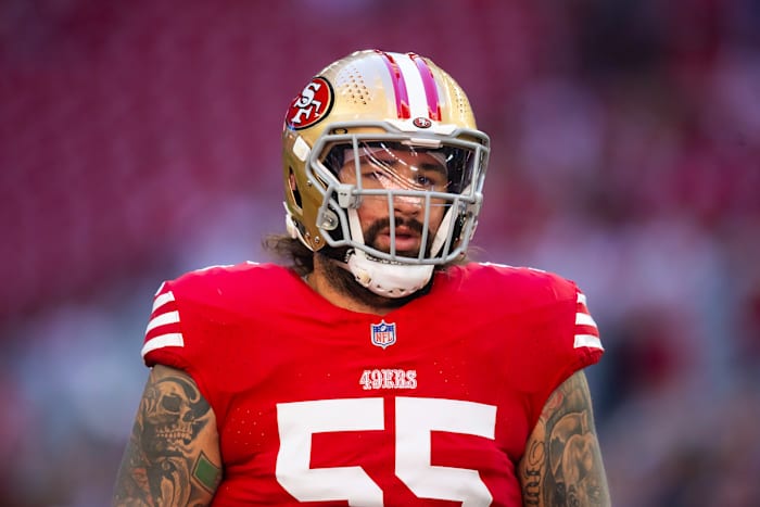 Dec 17, 2023; Glendale, Arizona, USA; San Francisco 49ers guard Jon Feliciano (55) against the Arizona Cardinals at State Farm Stadium.